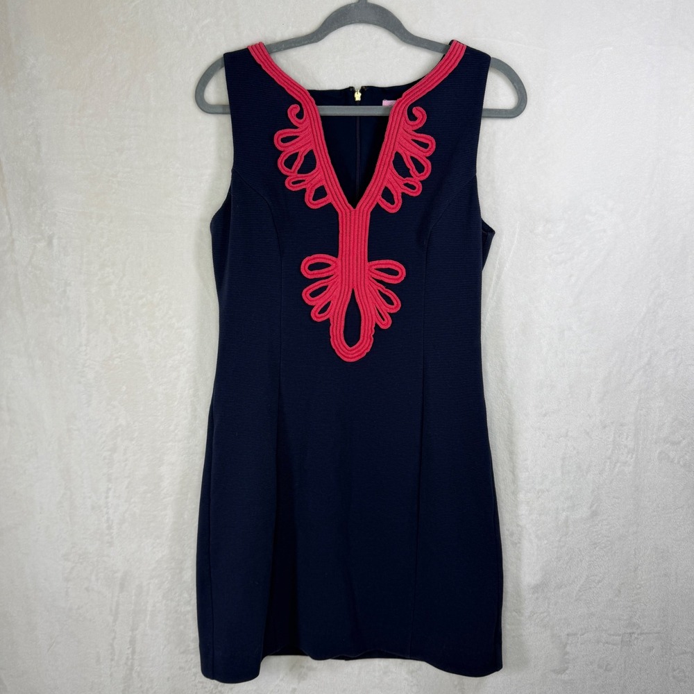 Lilly Pulitzer Janice Sheath Dress Women L Coral Soutache V-Neck Ottoman Ribbed